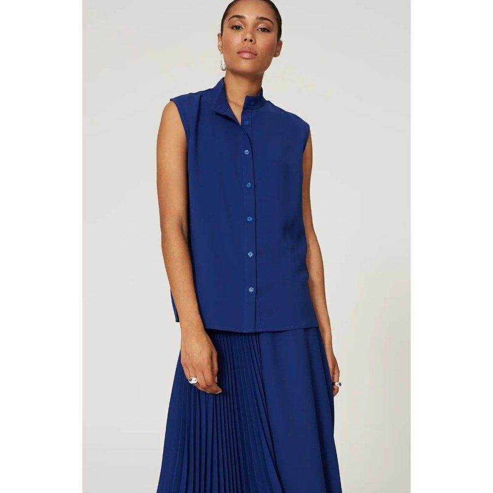 Mossi Women's Button Down Top Collar Neck Sleeveless Solid Blue Size 38